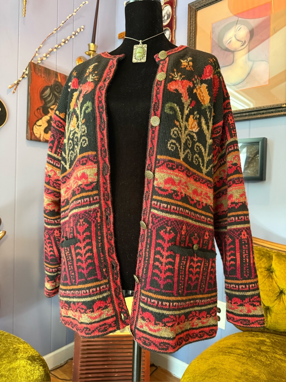 Vintage 90s Icelandic Design 100% Wool Knit Cottagecore Boho Cardigan Jacket